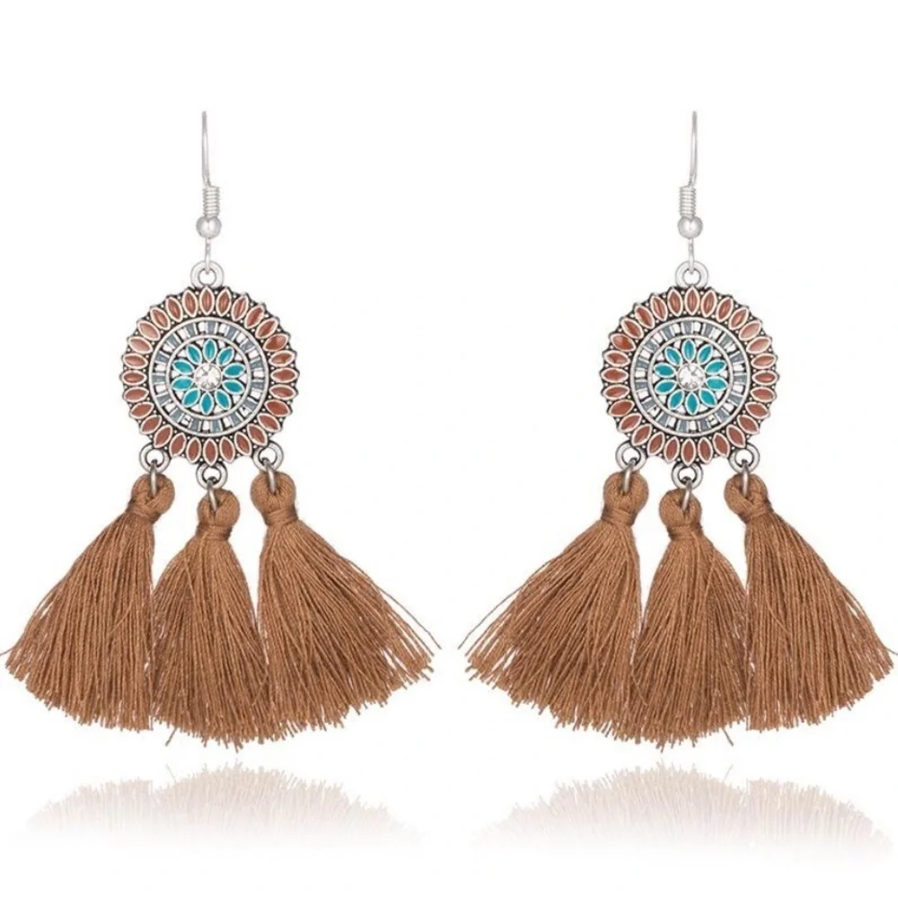 Rhinestone Sunflower Yarn Tassel Drop Earrings